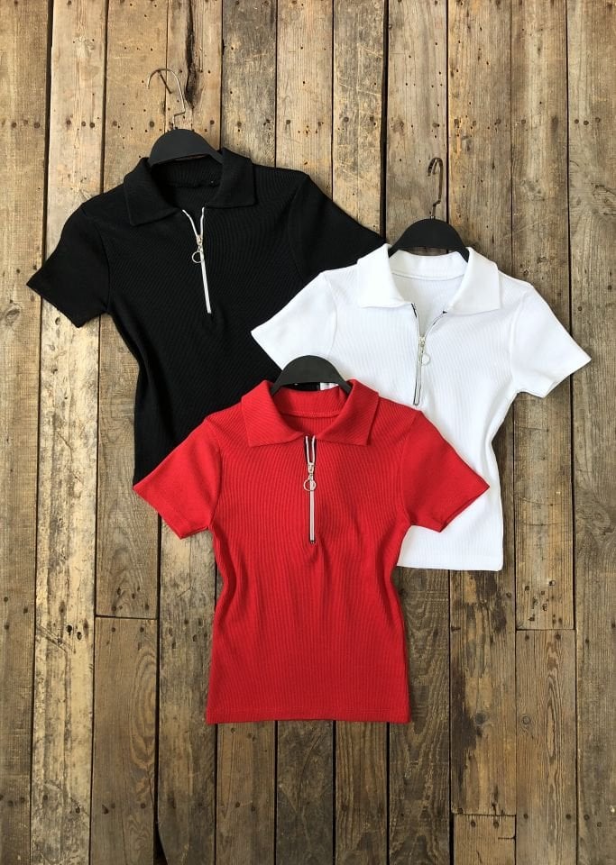 Fermuarlı Polo Yaka Bluz